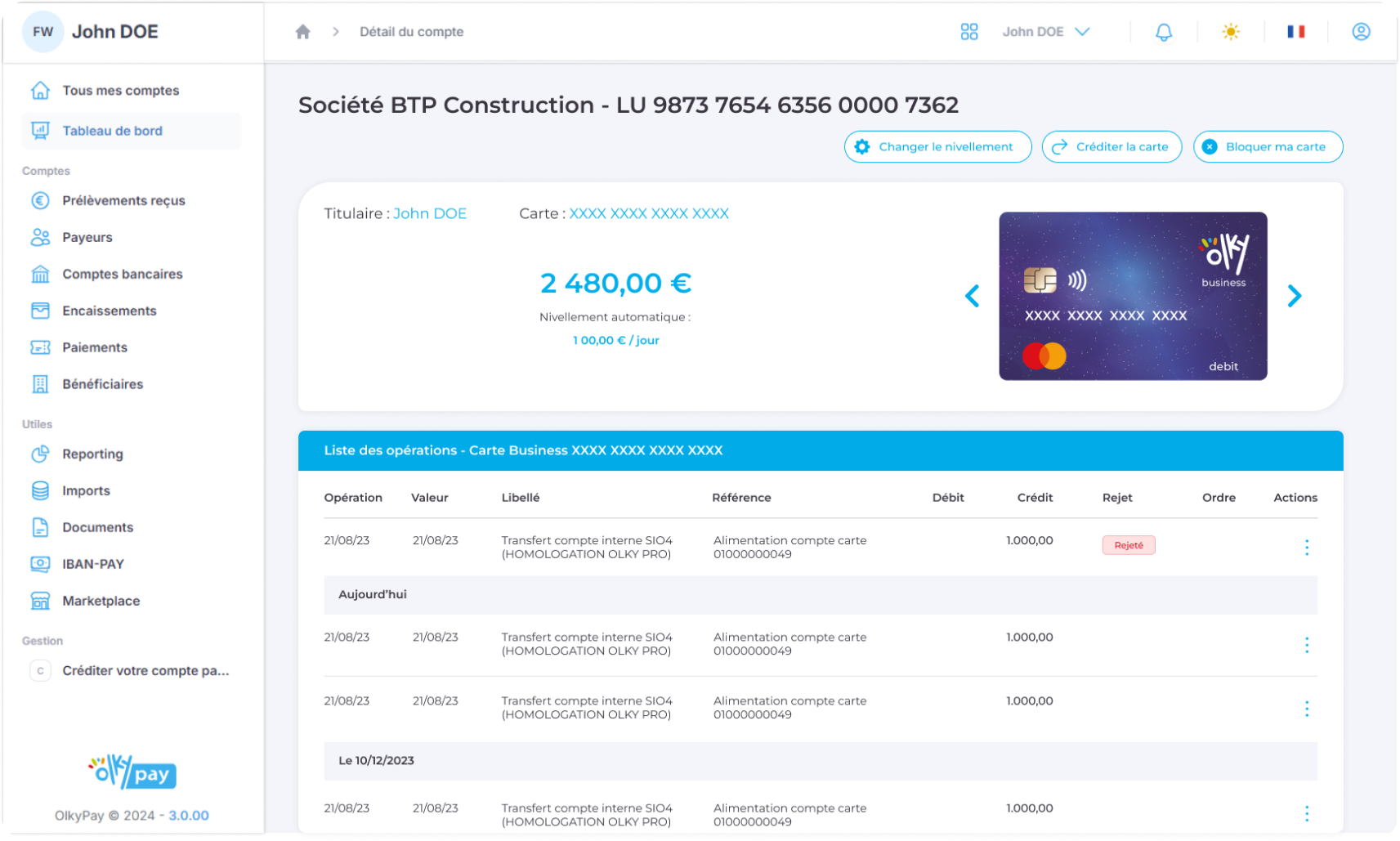Tableau de bord de la banque en ligne