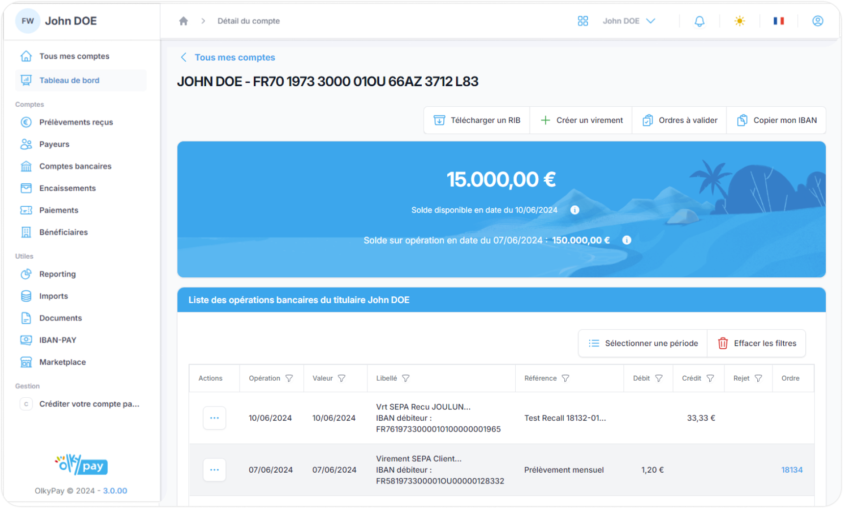 Tableau de bord de la banque en ligne